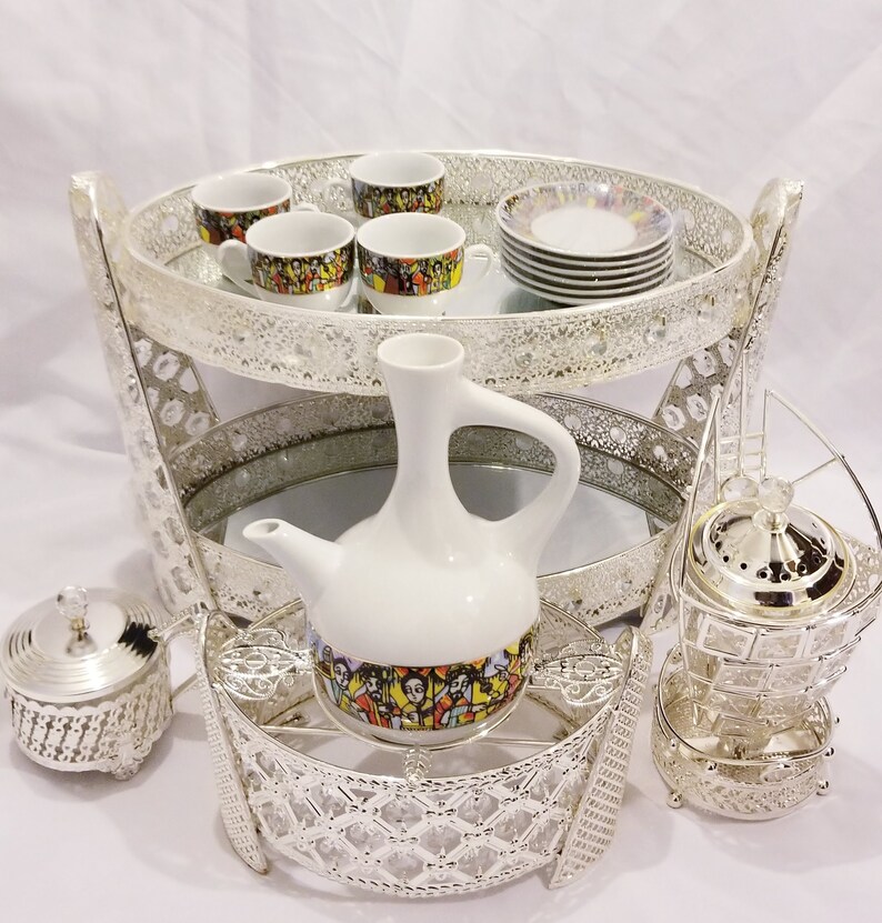 Ethiopian Eritrean Arabian Cultural Coffee Table Set Of 4 Silver Stainless Steel Swarovski Crystal Sets