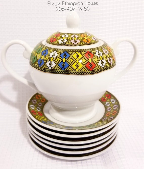 TEBEB Edition 6 saucers,6 Spoons Milk Cup and Sugar Cup. Jebena,6 cups 23 pcs EthiopianEritrean Coffee Ceremony Set