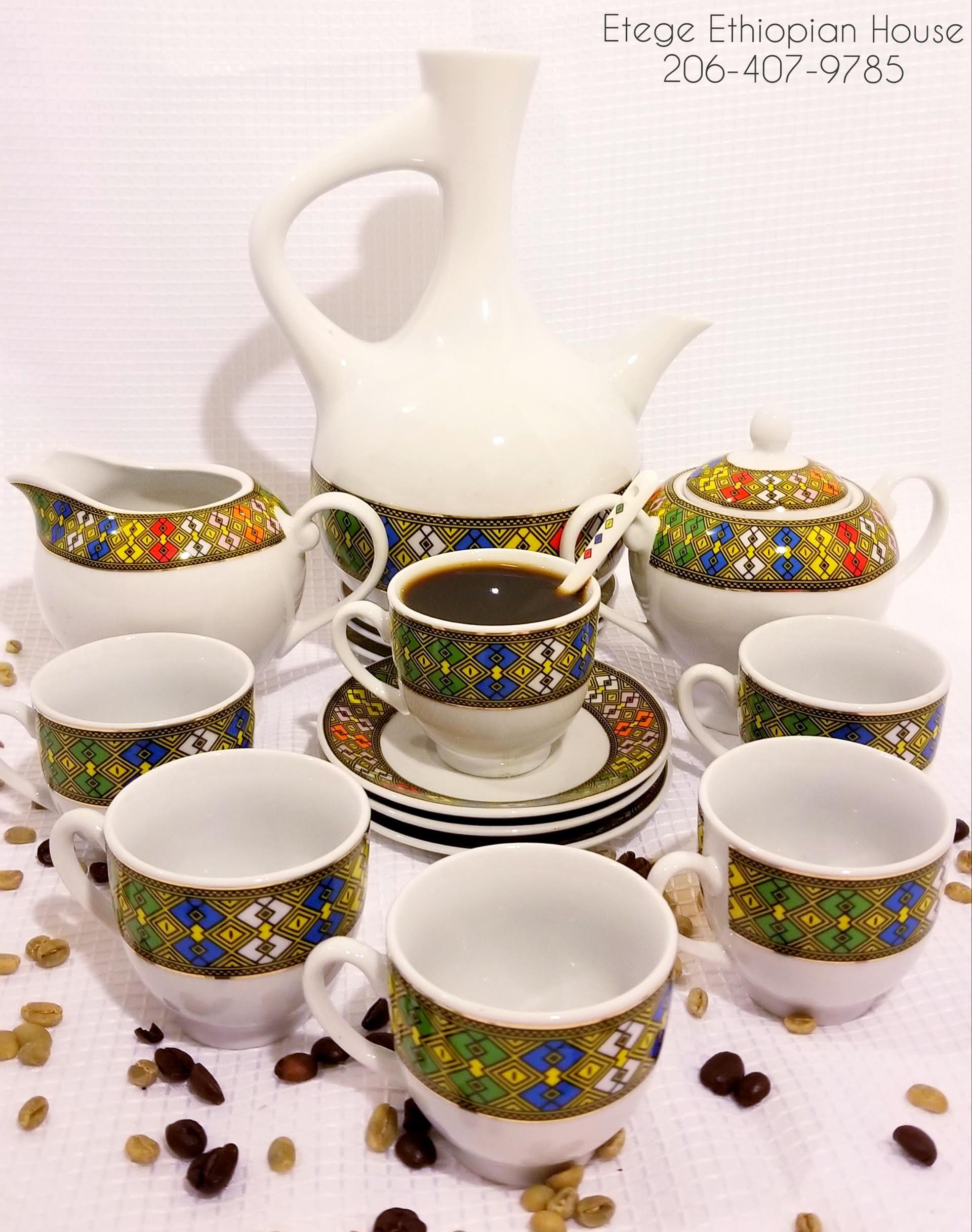 TEBEB Edition 6 saucers,6 Spoons Milk Cup and Sugar Cup. Jebena,6 cups 23 pcs EthiopianEritrean Coffee Ceremony Set