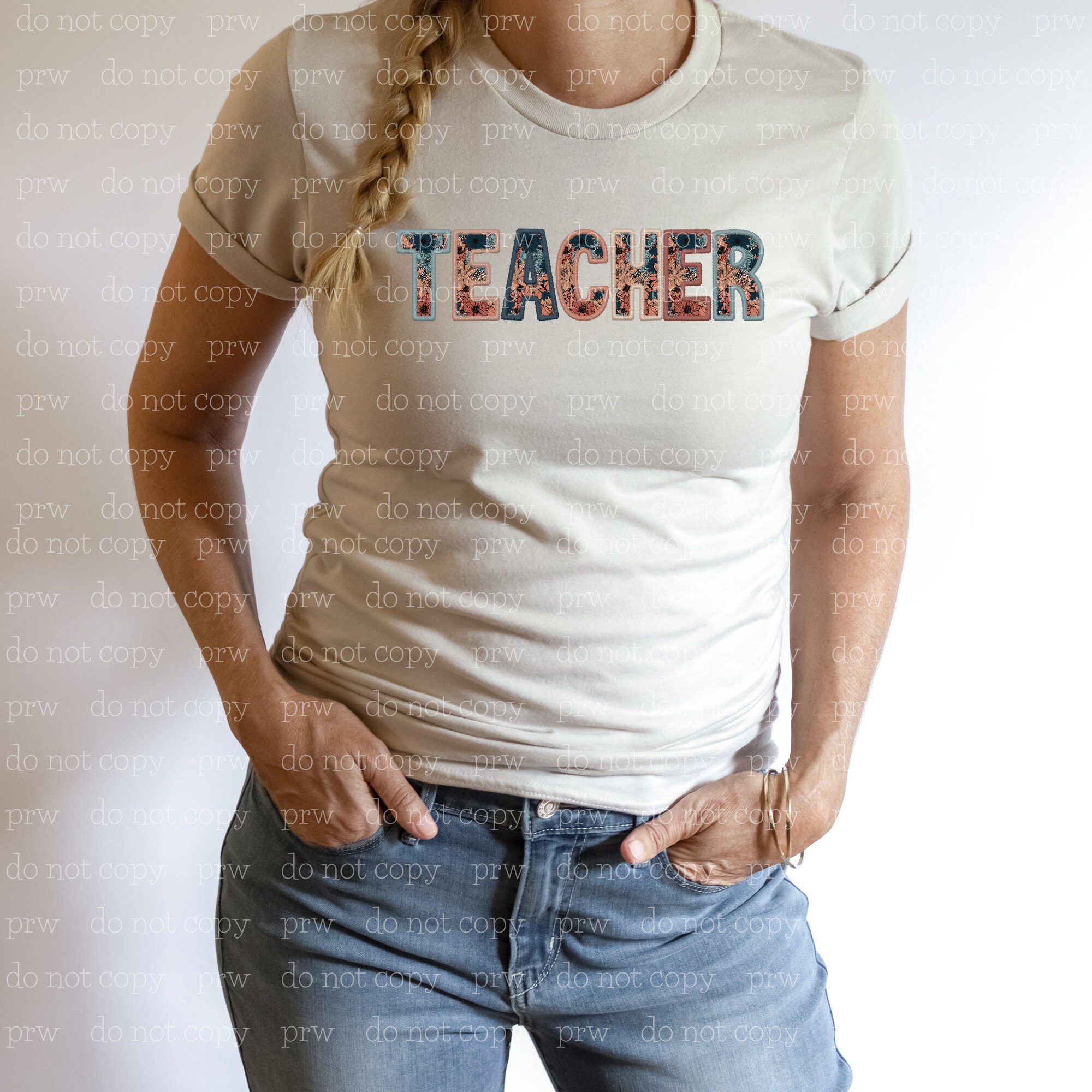 Teacher Dark Floral Faux Embroidery DTF Transfer ONLY 08-12