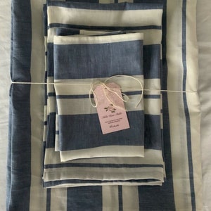 NEW Cotton & Linen Blend HANDMADE Bath Towels SET of 6 Cottage Stripe French Blue Rustic Farmhouse Look