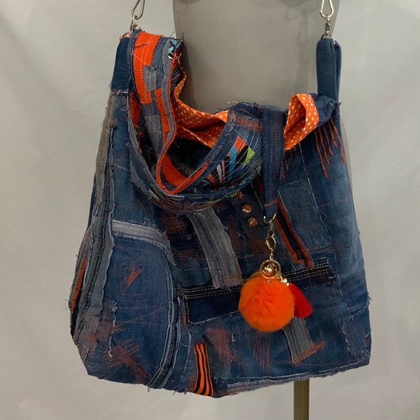 NEW Handmade Upcycled and Repurposed Very Large Distressed DENIM Boho Crossbody Messenger Shoulder Bag with Long Strap and Two Top Handles