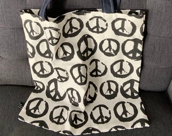 NEW Unplastic 100% Cotton Handmade 17" X 18" Shopping Shoulder Beach Tote Bag Nice Peace Sign Patter with 2 Handles in Bright Colors