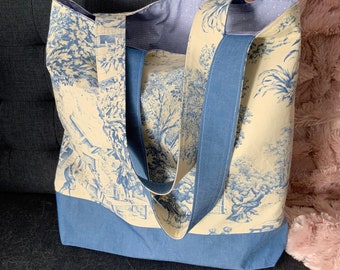 NEW Handmade 100% Cotton Extra Large Boho TOTE Beach Shopping Shoulder Bag One of a KIND Very Unique French Festin Bleu Pattern Fully Lined