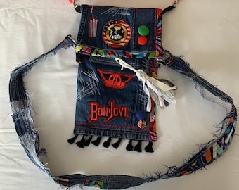 NEW Handmade Upcycled & Reworked Distressed DENIM Boho Crossbody Messenger Shoulder Bag with Two Long Straps and Bright Colorful Patches