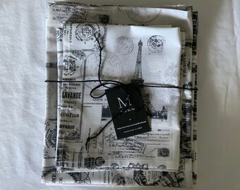 NEW Unpaper Handmade 100% Cotton Kitchen Dish Cloth Towels and Two Dinner Napkins SET Parisian Scenery Black & White Farmhouse Look
