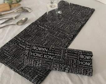 NEW Handmade Unpaper 100% Cotton Kitchen Dish Cloth Towels Tea Towels SET of 2 Two Size Large 30" X 20" World Cities Pattern in Black& White