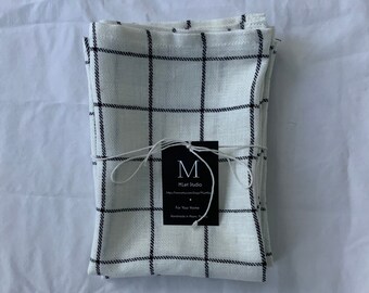 NEW 100% Linen Unpaper Handmade Kitchen or Dish Towels SET of 2 Two 24" X 17.5" Rustic Checked Patter in White & Black