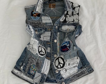 NEW Handmade Upcycled & Reworked Distressed DENIM Boho VEST with Cotton Patches, Lace and Hand Stitches One of a Kind Size Small