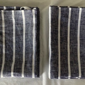 NEW 100% Linen Handmade Cottage Stripe Kitchen or Dish Towels SET of 2 Two 25&quot; X 19&quot; Rustic Denim Blue Color Farmhouse Look