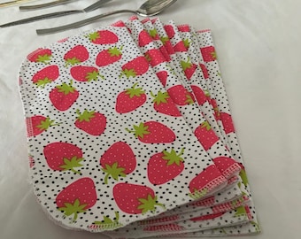 NEW Handmade Unplastic 100% Cotton Cloth Kitchen Napkins Wipes 10" X 10" Set of 8 Bright Strawberries in White & Red Colors