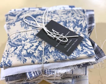 Fabric Scraps Bundle Remnants 48pc Linen & Cotton Assortment French Country Blue Colors
