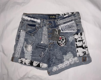 NEW Handmade Upcycled & Reworked Distressed DENIM Boho High Rise Shorts with Colorful Patches Lace and Hand Stitches One of a Kind Size 11