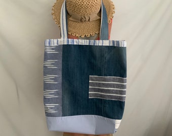 NEW Handmade Upcycled and Repurposed Very Large Distressed DENIM Boho Crossbody Messenger Shoulder Shopping Bag with Two Top Handles