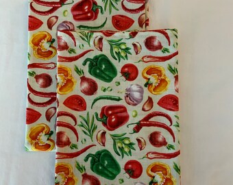 NEW Unpaper Handmade 100% Cotton Kitchen Dish Cloth Towels Tea Towels SET of 2 Two 30" X 20" Bright Vegetables Pattern One of a Kind