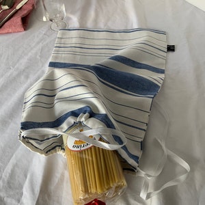NEW Handmade Unplastic Large Linen Blend Cloth Bread or Storage or pasta Kitchen Bag 17&quot; X 12&quot; Rustic French Blue Stripes Farmhouse Look