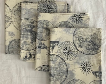 NEW Handmade Unpaper 100% Cotton Dinner or Lunch Napkins SET of 4 Size 20" X 15.5" Bright Colors Nautical Maps Pattern