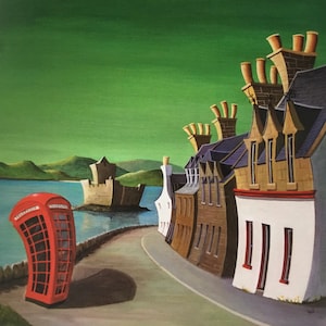 May include: An artistic painting depicts a red telephone booth on a curved road, with a castle in the distance. Buildings with chimneys line the road, and a green sky and water complete the scene.