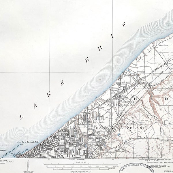 Vintage Cleveland & Euclid Ohio 1901 Survey Map | Lake Erie, East Cleveland, Collinwood, Manhattan Beach, Rockefeller Park | Unique Wall Art