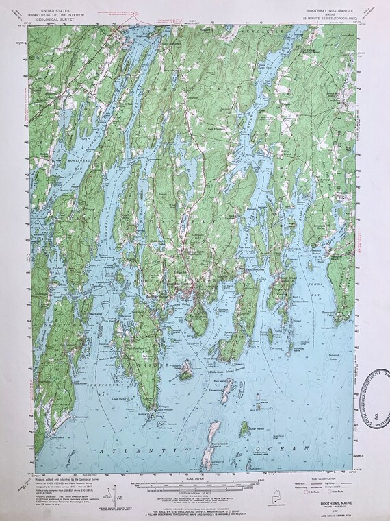 Vintage Boothbay Maine 1957 Survey Map Lincoln County East Boothbay Boothbay Harbor Burnt Island Trevett Westport Unique Wall Art - 