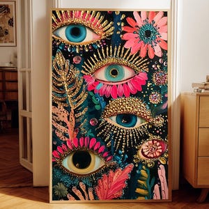 Pode incluir: Uma pintura retangular emoldurada sobre um fundo escuro apresentando múltiplos olhos estilizados com cílios dourados e íris em tons de azul. A composição inclui elementos florais rosa vibrantes, detalhes dourados texturizados e elementos brilhantes espalhados.