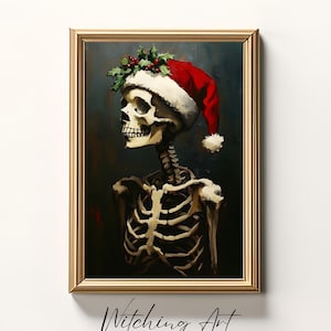 Skeleton Wearing Santa Hat, Skeleton Santa, Skeleton Print, Gothmas, Creepmas, Gothic Christmas, Spooky Christmas, Christmas Art Printable