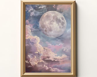 May include: A framed print of a full moon in a cloudy sky. The clouds are a mix of pink, purple, and blue. The moon is a light gray color. The frame is gold.