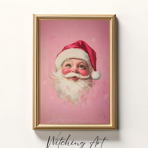 Pink Vintage Santa Painting, Santa Printable, Vintage Santa, Retro Santa, Santa Claus Print, Pink Christmas Decor, Christmas Art Printable