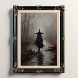 Witching Walking In Creek, Witch Portrait, Witch Painting, Witch Poster, Witch Art, Dark Academia Decor, Gothic Painting, Witch Wall Art