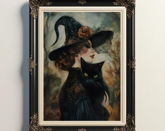 Witch and Black Cat Art Print: Goth Halloween Home Decor