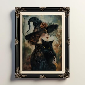 Witch and Her Black Cat, Witch Painting, Black Cat Painting, Halloween Decor, Witch Poster, Goth Home Decor, Dark Academia, Vintage Poster