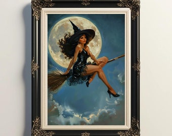 Vintage Halloween Witch Art Print: Gothic Moon Decor