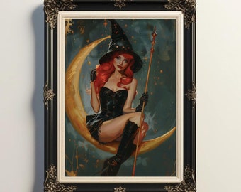 Redhead Witch on Moon Art Print: Gothic Halloween Decor