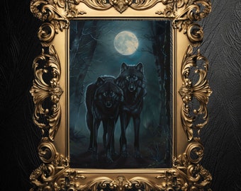 Wolf Couple Art Print: Full Moon Dark Forest Goth Decor