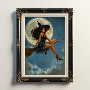 Vintage Witch On Broomstick Flying Over Moon, Halloween Witch Painting, Moon Painting, Gothic Home Decor, Witch Decor, Halloween Decor