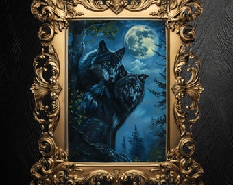Wolf Couple Full Moon Art Print: Dark Forest Goth Decor