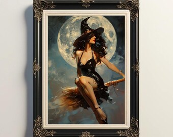 Vintage Witch Flying Over Moon Art Print: Gothic Halloween Decor