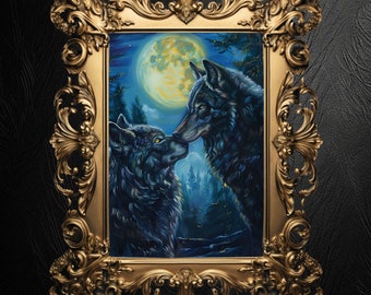 Wolf Couple Full Moon Art Print: Dark Forest Goth Decor