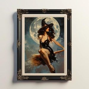 Vintage Witch On Broomstick Flying Over Moon, Halloween Witch Painting, Moon Painting, Gothic Home Decor, Witch Decor, Halloween Decor