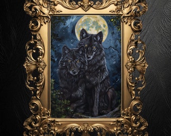 Black Wolves Painting: Full Moon Goth Forest Art Print