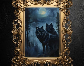 Wolf Couple Art Print: Dark Forest, Full Moon Goth Decor