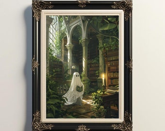 May include: A framed illustration of a white ghost standing in a library with a book in its hands. The library is filled with bookshelves and plants. The ghost is standing in front of a lit candle.
