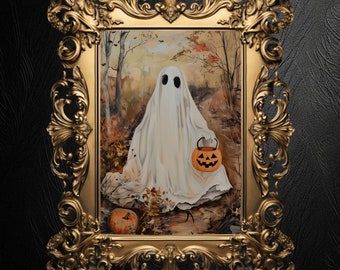 Ghost Trick or Treat Art Print: Dark Academia Halloween Decor