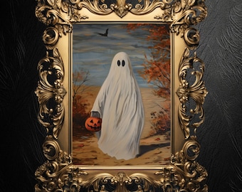 Ghost Trick or Treat Art Print: Dark Academia Halloween Decor