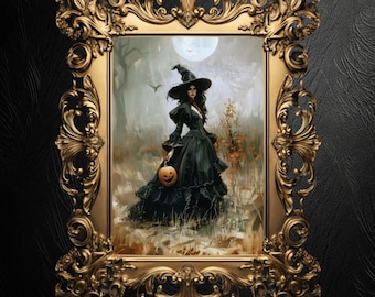 Witch and Pumpkin Full Moon Art Print: Gothic Halloween Decor