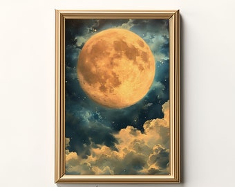 May include: A framed print featuring a large, golden moon set against a backdrop of dark blue and teal clouds. The artwork has a vintage aesthetic, with fluffy, golden-toned clouds in the foreground. The text "Witching Art" is at the bottom.