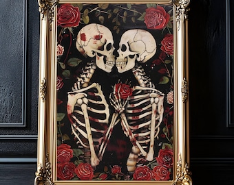 Skeleton Lovers Art Print: Gothic Valentine Decor, Red Roses
