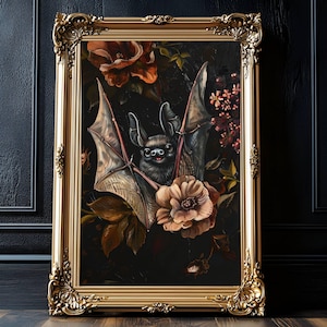 Floral Bat Painting, Bat Decor, Moody Floral Art, Moody Wall Art, Dark Cottagecore Goth Print, Forestcore, Goth Home Decor, Whimsigoth Decor