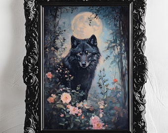 Impression d'art pleine lune de loup : décoration murale forêt cottagecore sombre