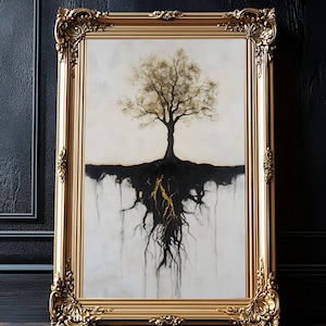 May include: A framed painting of a tree with its roots exposed, painted in shades of black, white, and gold. The tree is set against a white background and the roots are spread out in a dramatic fashion.